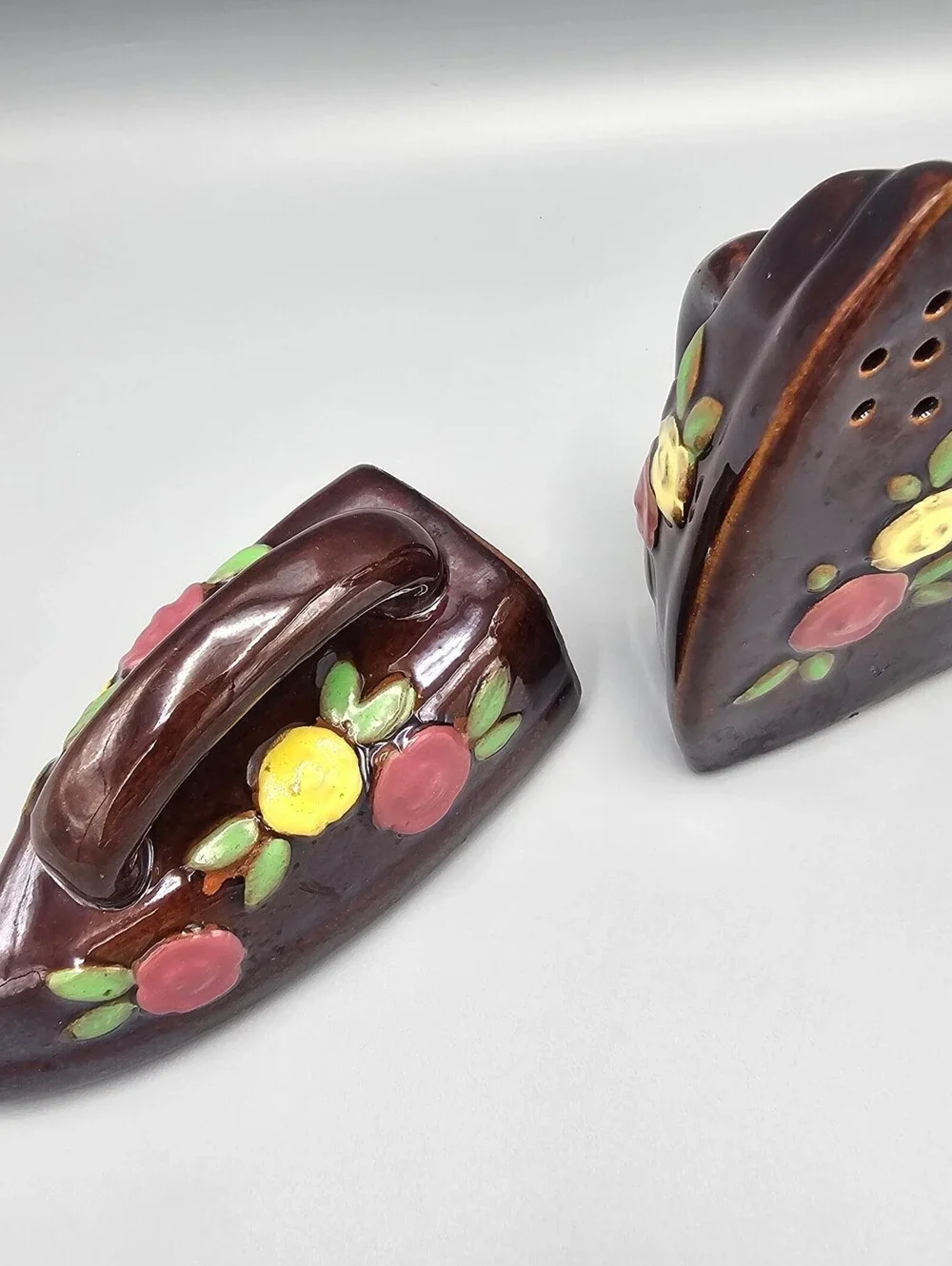 Vintage Ceramic Iron-Shaped Salt and Pepper Shakers with Floral Design